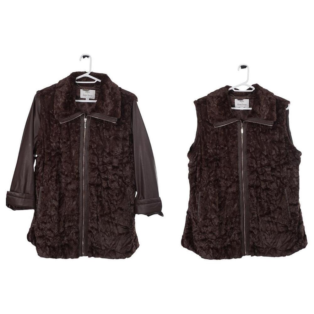 Dennis Basso Jacket 2X Brown Faux Fur Faux Leather Full Zip Convertible to Vest